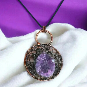 🆕️Handcrafted Vintage Boho Amethyst Crystal Pendant Copper Wire Wrap Necklace
